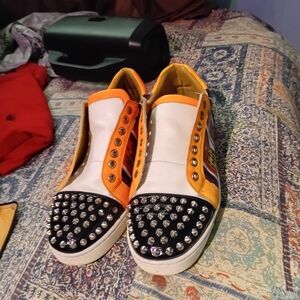 Christian Louboutin White and Yellow Studded Sneakers